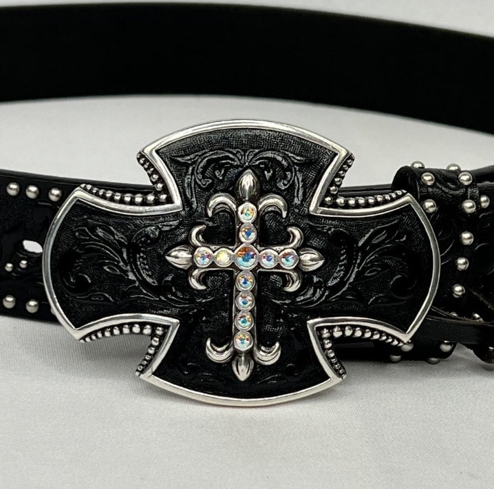 Vintage Studio Tony Lama Black Embossed Belt W/ Cross | MOTO  display picture 3